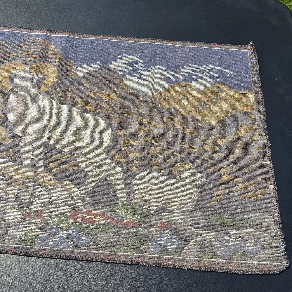 Vintage Italian Velvet Tapestry Mountain Sheep Scene Woven 38x19 Wall Hanging